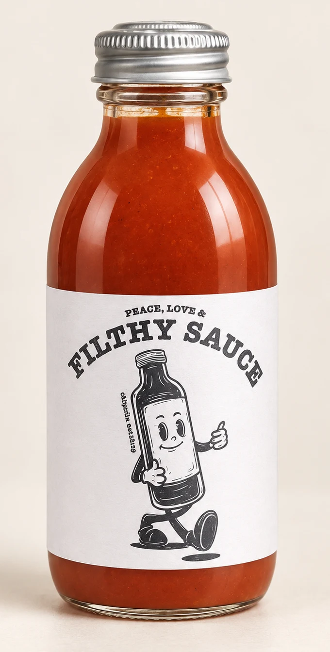 A glass bottle of Filthy Sauce chipotle ketchup with a silver cap, more bottles blurred behind it